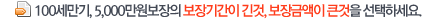 100세만기, 5,000만원보장의 보장기간이 긴것, 보장금액이 큰것을 선택하세요. 100세만기, 5,000만원보장의 보장기간이 긴것, 보장금액이 큰것을 선택하세요.